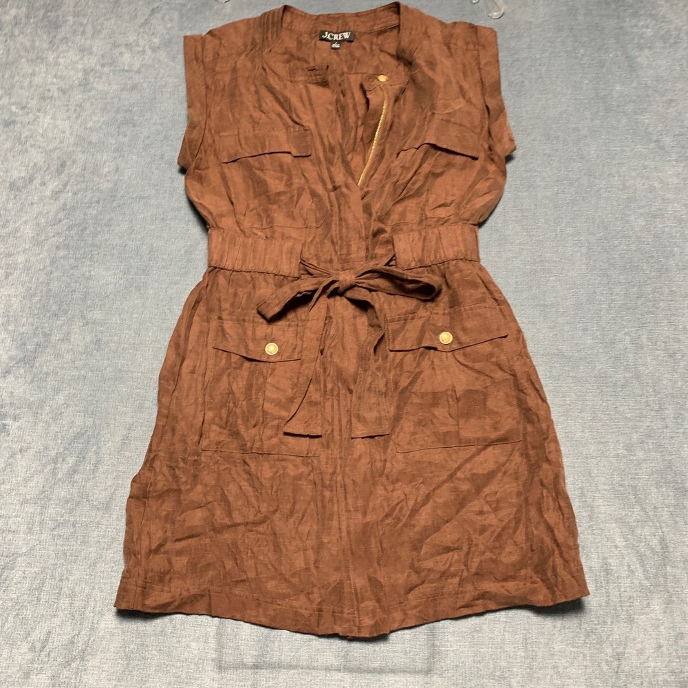 J.Crew Mini Dress Women 4 Brown Empire Tie Waist Full Zip Oxford Utility Pockets